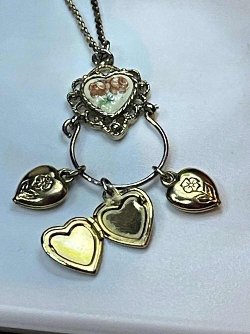 Vtg 1928 Victorian Revival Heart Charm Holder Pendant Necklace Dainty Gold Tone